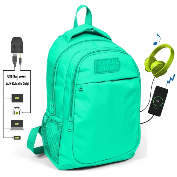 Coral High Su Yeşili İlk ve Ortaokul Sırt Çantası - USB ve AUX Çıkışlı - Kız ve Erkek