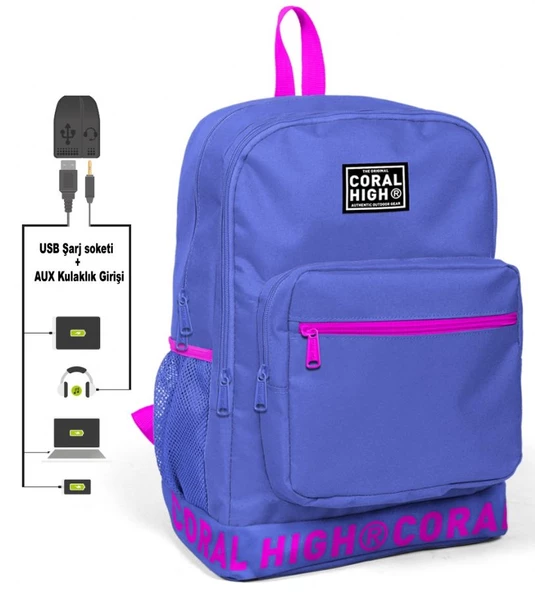 Coral High Logo Nakışlı Mor Ortaokul, Lise ve Günlük Sırt Çantası(USB VE AUX SOKETLİ)