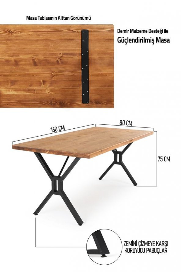 160x80 Doğal Ladin Ahşap Kütük Ağaç Masa Detaylı Çapraz Ayak - 5