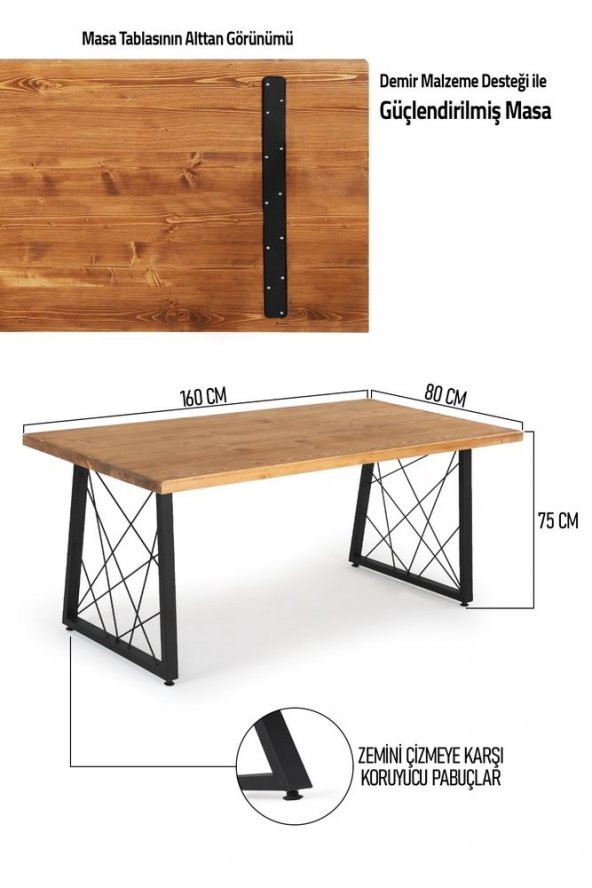 160x80 Doğal Ladin Ahşap Kütük Ağaç Masa Tel Detay Eğik U Ayak - 5