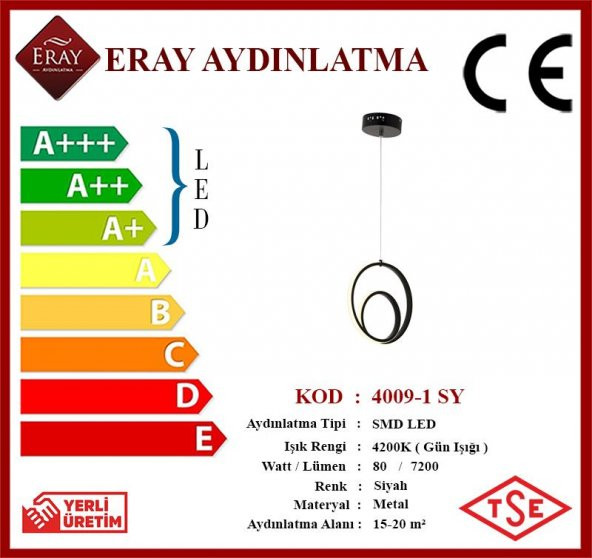 Eray Aydınlatma 4009-1 Siyah Tekli Led Avize - 2