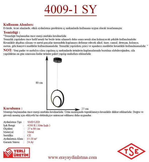 Eray Aydınlatma 4009-1 Siyah Tekli Led Avize - 3