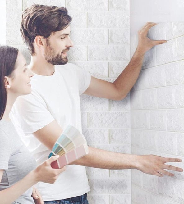 Renkli Duvarlar Kendinden Yapışkanlı 3D Tuğla Duvar Paneli Beyaz 77*70 CM 0,53M2
