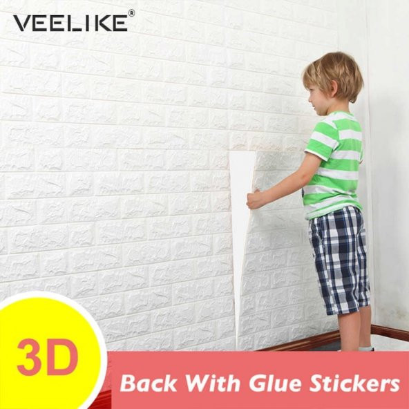 Renkli Duvarlar Kendinden Yapışkanlı 3D Tuğla Duvar Paneli Beyaz 77*70 CM 0,53M2 - 3