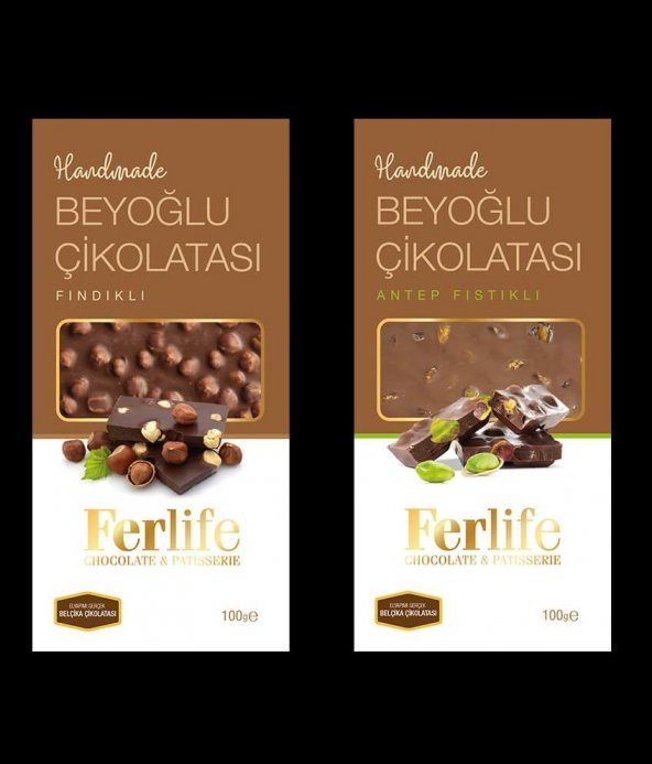 Ferlife Glutensiz El Yapımı Beyoğlu Çikolatası Antep Fıstıklı ve Fındıklı 100 gr 2 Adet