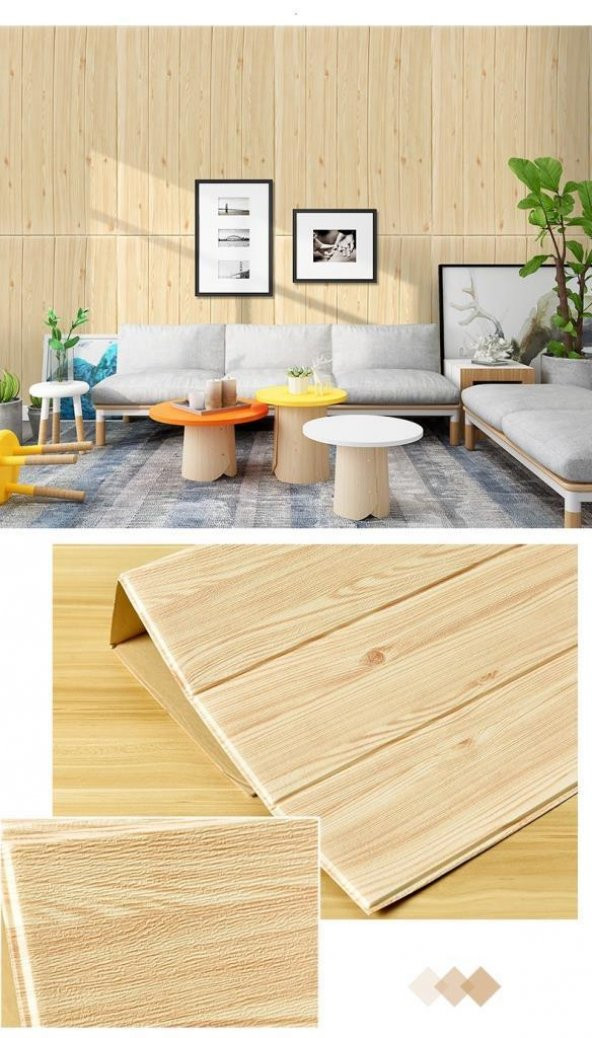 Renkli Duvarlar NW37 Bej Ahşap Kendinden Yapışkanlı 3D Dekoratif Duvar Paneli - 6