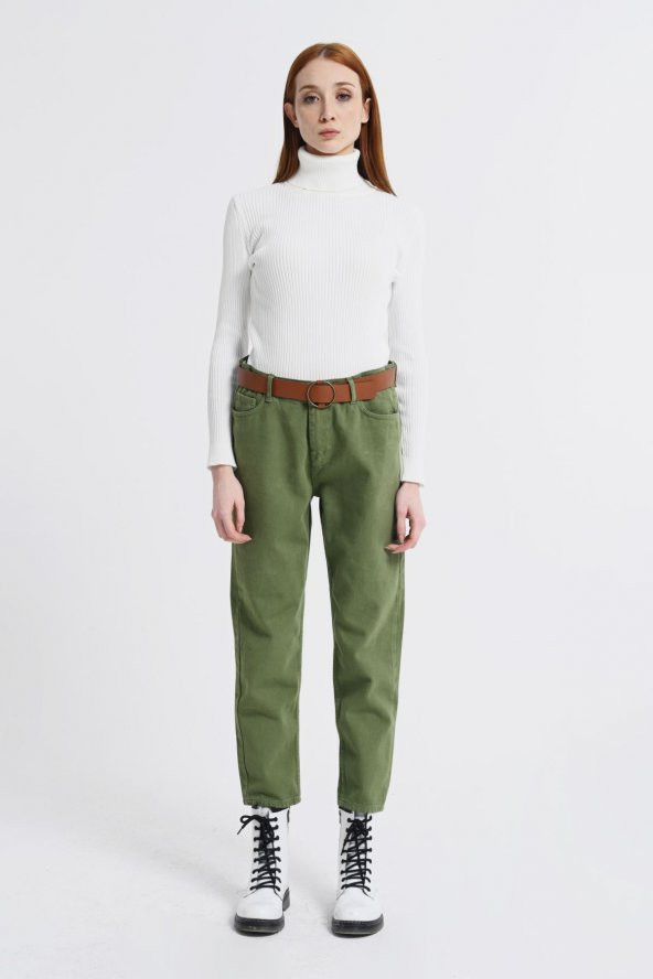 21327-Kadın Kemerli Yüksel Bel Kot Pantolon - Benetton Yeşil