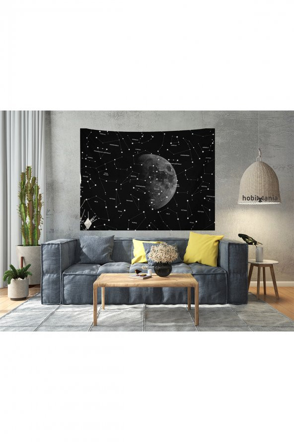 Hobimania Star Moon Siyah Beyaz Yıldızlar Ve Ay Duvar Örtüsü 40x60 cm Duvar Dekorasyon Moda