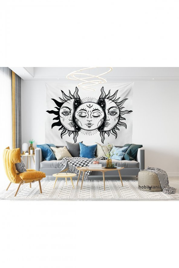 Hobimania Mandala Hint Güneş Siyah Beyaz Duvar Örtüsü 70x100 cm Duvar Dekorasyon Moda