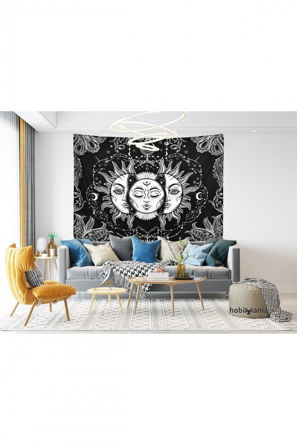 Hobimania Güneş ve Ay Sun And Moon Siyah Beyaz Duvar Örtüsü 150x100 cm Duvar Dekorasyon Moda