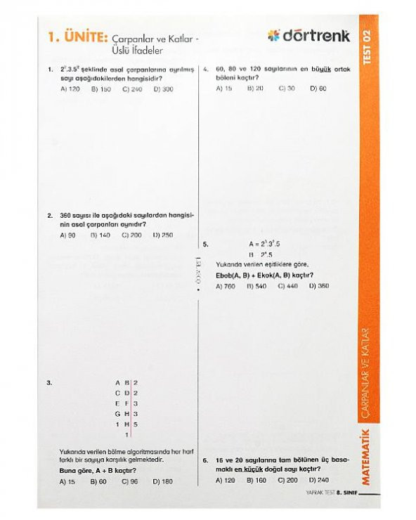 8. Sınıf Matematik Yaprak Test (Dörtrenk Yayınları) - 2