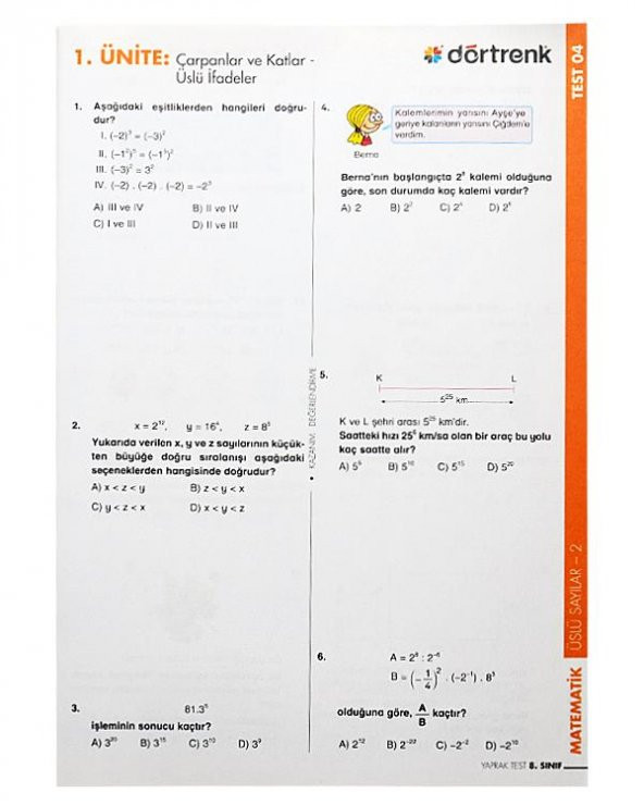 8. Sınıf Matematik Yaprak Test (Dörtrenk Yayınları) - 3