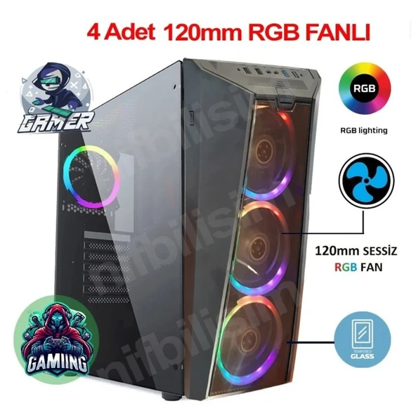 Nif Bilişim 4 Adet RGB Işıklı Fanlı Oyuncu Gamer Bilgisayar Kasası Temper Camlı PSU Hariç ürün görseli