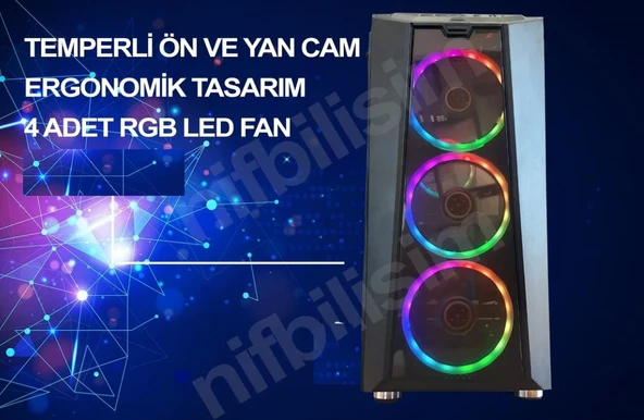 Nif Bilişim 4 Adet RGB Işıklı Fanlı Oyuncu Gamer Bilgisayar Kasası Temper Camlı PSU Hariç - Resim 3