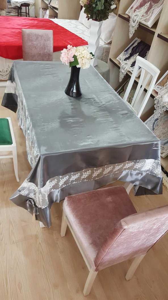 Finezza Gelin Lüx Krem Dantelli Monoray Kumaş Gri Masa Örtüsü 170x230 cm - 223 - 3