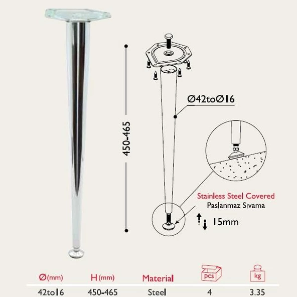 Sehpa Ayağı 13.861 - Konik 42-16mm (4 Adet) - Resim 2