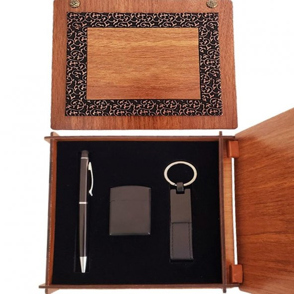 Ahşap Kutulu Siyah Kalem Anahtarlık Ve Mat Çakmak Seti ürün görseli