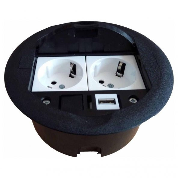 Masa Üstü Priz Kutusu Gömme Tip Siyah + 2 Ad. Priz + 1 Ad. USB Geçiş - 2