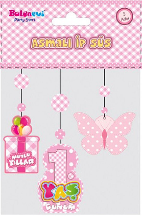 Parti 1 Yaş Temalı Asmalı İp Süs Pembe Renk 3 lü Set 12x45 cm