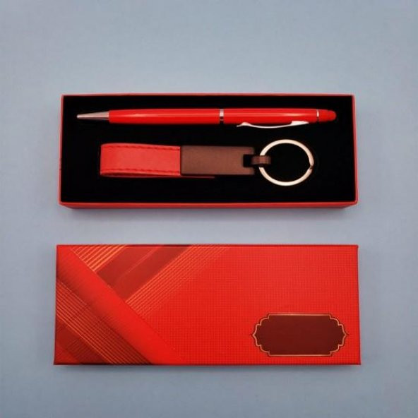 Kırmızı Deri Anahtarlık Kalem Hediyelik Set - 1