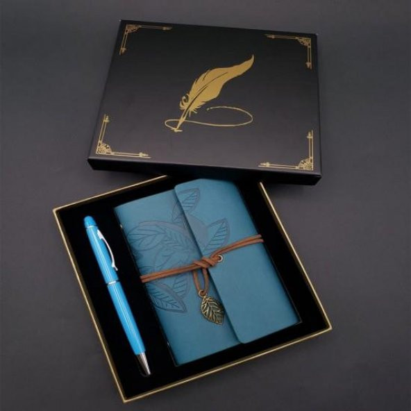 Metal Kalem Mavi Deri Defter Dekoratif Hediyelik - 1