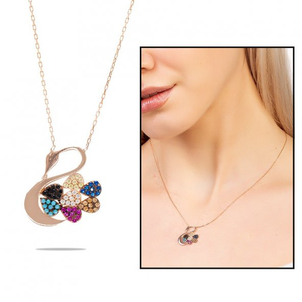 Nipora Zirkon Taşlı Uçan Balon Detaylı Kuğu Tasarım Rose Renk 925 Ayar Gümüş Kadın Kolye - 2