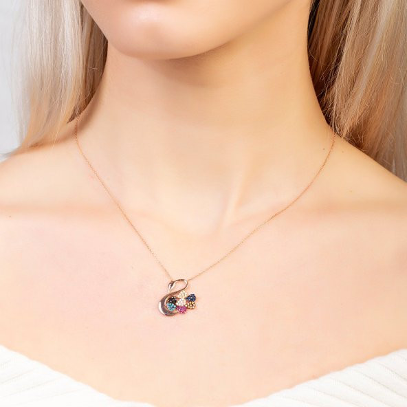 Nipora Zirkon Taşlı Uçan Balon Detaylı Kuğu Tasarım Rose Renk 925 Ayar Gümüş Kadın Kolye - 5