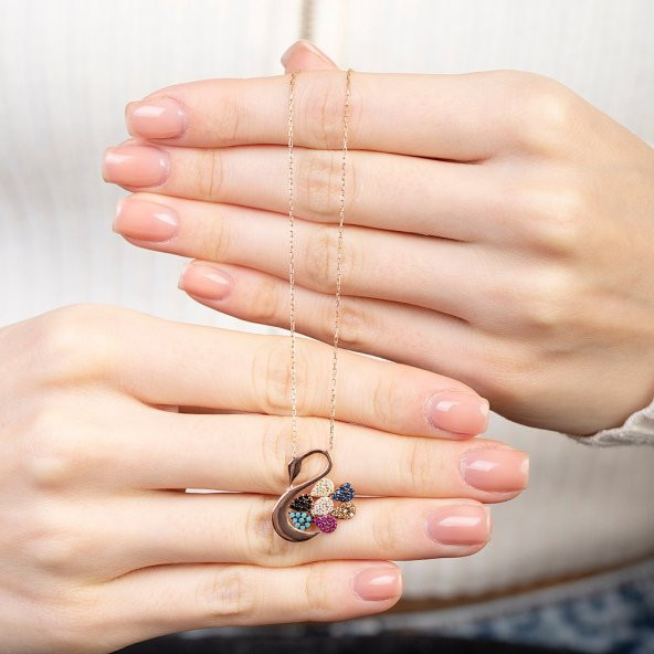 Nipora Zirkon Taşlı Uçan Balon Detaylı Kuğu Tasarım Rose Renk 925 Ayar Gümüş Kadın Kolye - 6