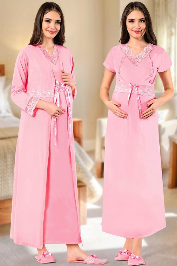 Pembe Renk Hayal Sepeti JNK-27763 Sabahlıklı 2 Parça Lohusa - Hamile Gecelik Takım