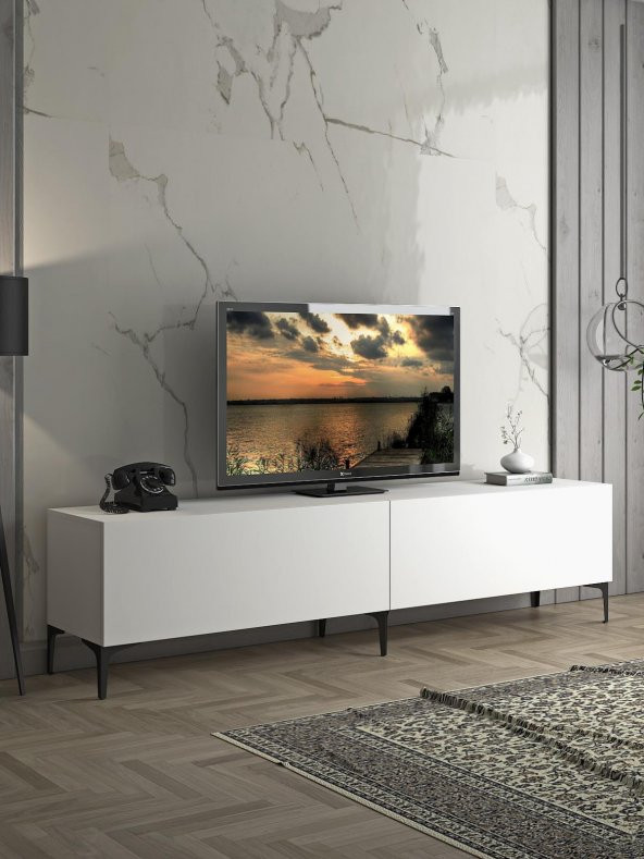 Woodn Love Vega Premium 200 Cm Geniş Dolaplı Metal Ayaklı Tv Ünitesi - Beyaz / Siyah
