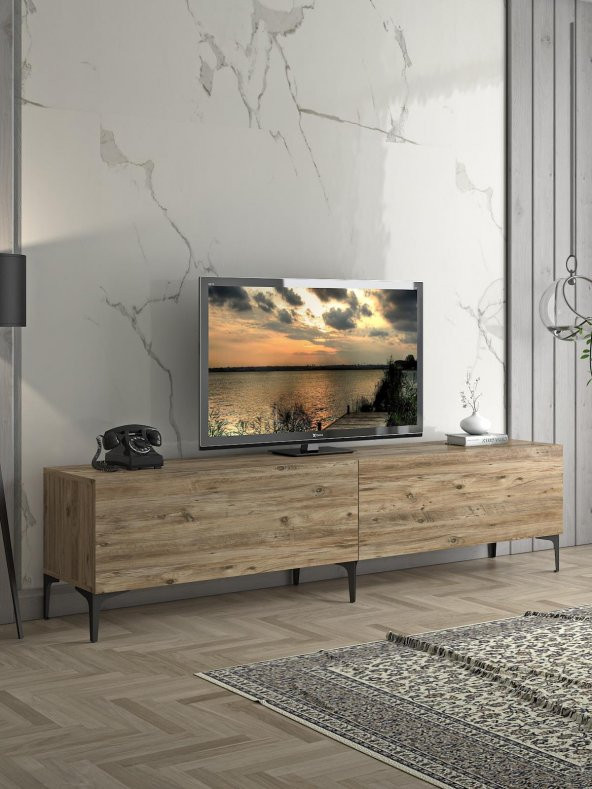 Woodn Love Vega Premium 200 Cm Geniş Dolaplı Metal Ayaklı Tv Ünitesi - Atlantik Çam / Siyah