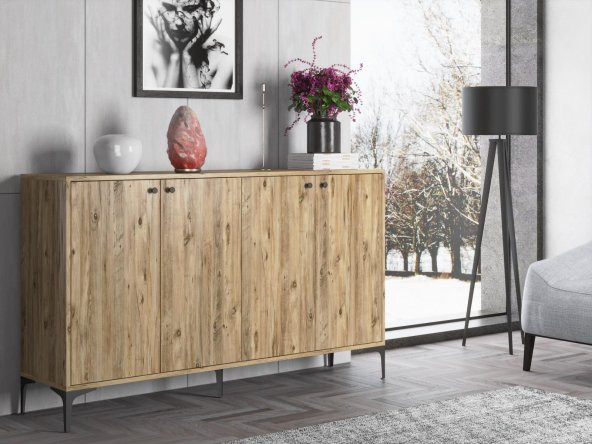 Woodn Love Hestia 4 Kapaklı Metal Ayaklı 160 Cm Çok Amaçlı Dolap Konsol - Atlantik Çam / Siyah - 3