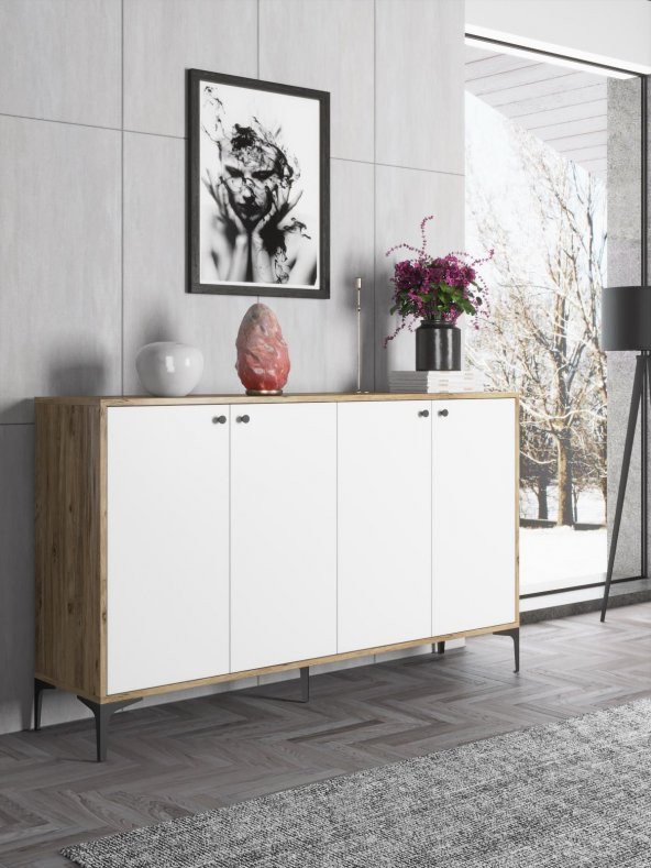 Woodn Love Hestia 4 Kapaklı Metal Ayaklı 160 Cm Çok Amaçlı Dolap Konsol - Atlantik Çam - Beyaz / Siyah