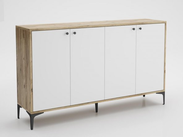 Woodn Love Hestia 4 Kapaklı Metal Ayaklı 160 Cm Çok Amaçlı Dolap Konsol - Atlantik Çam - Beyaz / Siyah - 2