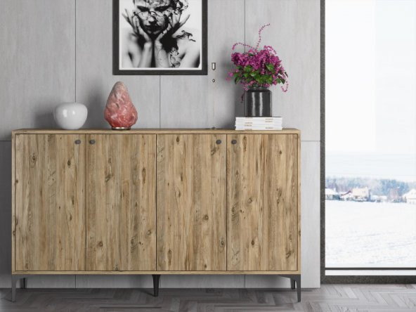 Woodn Love Hestia 4 Kapaklı Metal Ayaklı 160 Cm Çok Amaçlı Dolap Konsol - Atlantik Çam / Siyah - 5