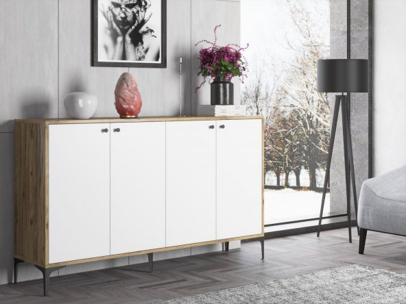 Woodn Love Hestia 4 Kapaklı Metal Ayaklı 160 Cm Çok Amaçlı Dolap Konsol - Atlantik Çam - Beyaz / Siyah - 3