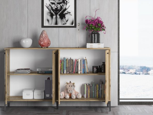 Woodn Love Hestia 4 Kapaklı Metal Ayaklı 160 Cm Çok Amaçlı Dolap Konsol - Atlantik Çam / Siyah - 6