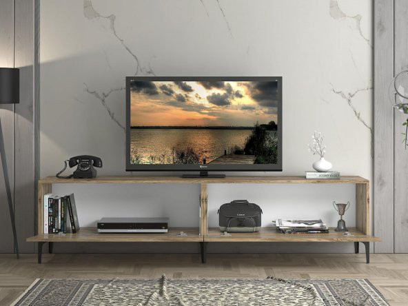 Woodn Love Vega Premium 200 Cm Geniş Dolaplı Metal Ayaklı Tv Ünitesi - Atlantik Çam / Siyah - 8