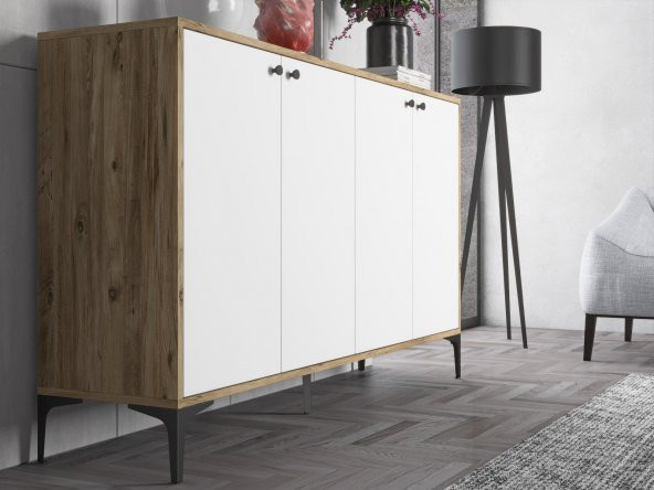 Woodn Love Hestia 4 Kapaklı Metal Ayaklı 160 Cm Çok Amaçlı Dolap Konsol - Atlantik Çam - Beyaz / Siyah - 4