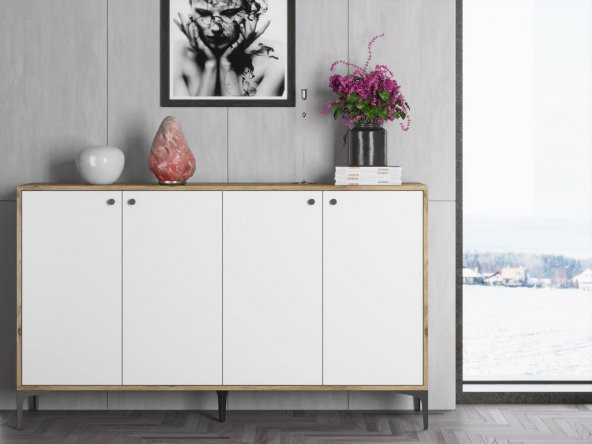 Woodn Love Hestia 4 Kapaklı Metal Ayaklı 160 Cm Çok Amaçlı Dolap Konsol - Atlantik Çam - Beyaz / Siyah - 5