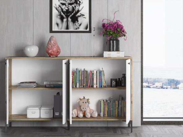 Woodn Love Hestia 4 Kapaklı Metal Ayaklı 160 Cm Çok Amaçlı Dolap Konsol - Atlantik Çam - Beyaz / Siyah - 6