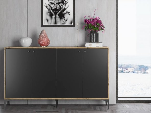 Woodn Love Hestia 4 Kapaklı Metal Ayaklı 160 Cm Çok Amaçlı Dolap Konsol - Atlantik Çam - Siyah / Siyah - 5