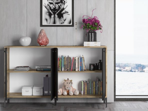 Woodn Love Hestia 4 Kapaklı Metal Ayaklı 160 Cm Çok Amaçlı Dolap Konsol - Atlantik Çam - Siyah / Siyah - 6