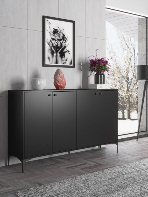 Woodn Love Hestia Premium 4 Kapaklı Metal Ayaklı 160 Cm Çok Amaçlı Dolap Konsol - Siyah / Siyah