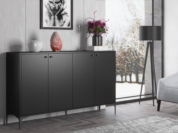 Woodn Love Hestia Premium 4 Kapaklı Metal Ayaklı 160 Cm Çok Amaçlı Dolap Konsol - Siyah / Siyah - 3