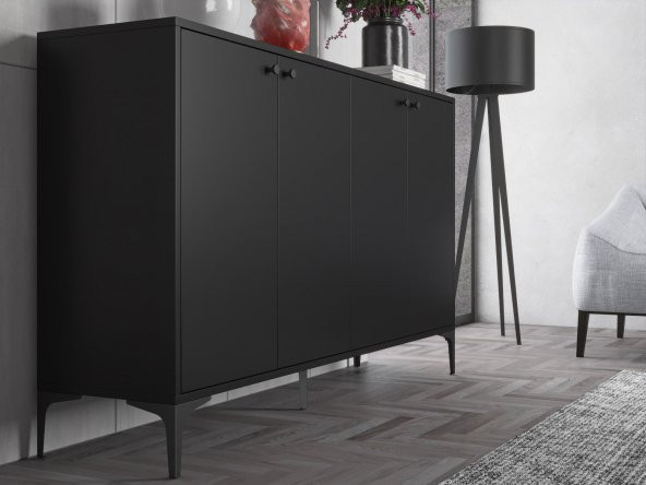 Woodn Love Hestia Premium 4 Kapaklı Metal Ayaklı 160 Cm Çok Amaçlı Dolap Konsol - Siyah / Siyah - 4