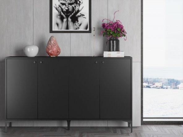 Woodn Love Hestia Premium 4 Kapaklı Metal Ayaklı 160 Cm Çok Amaçlı Dolap Konsol - Siyah / Siyah - 5