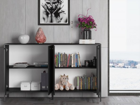Woodn Love Hestia Premium 4 Kapaklı Metal Ayaklı 160 Cm Çok Amaçlı Dolap Konsol - Siyah / Siyah - 6