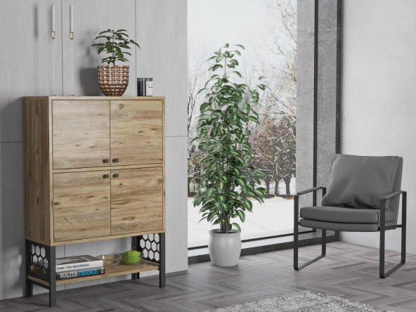Woodn Love Lina Desenli Metal Ayaklı Dolaplı Vitrin - Konsol - Atlantik Çam / Siyah - 3