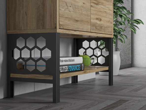 Woodn Love Lina Desenli Metal Ayaklı Dolaplı Vitrin - Konsol - Atlantik Çam / Siyah - 4
